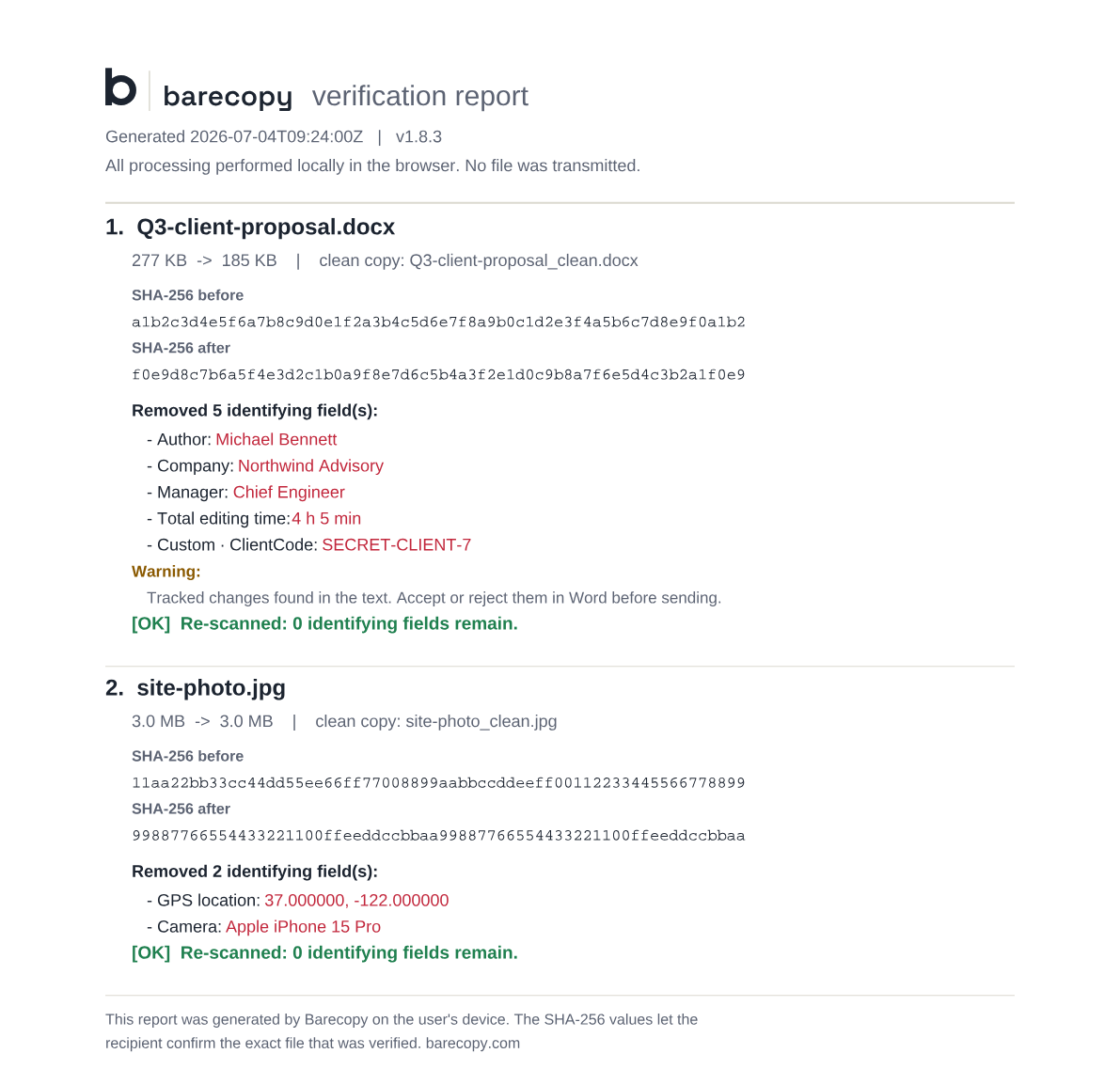 Sample Barecopy verification report showing removed fields and SHA-256 hashes before and after